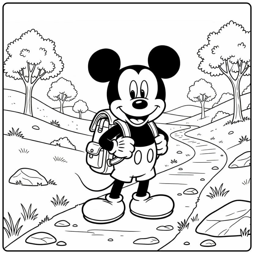 Mickey Mouse kleurplaat met rugzak op wandelpad, bomen
