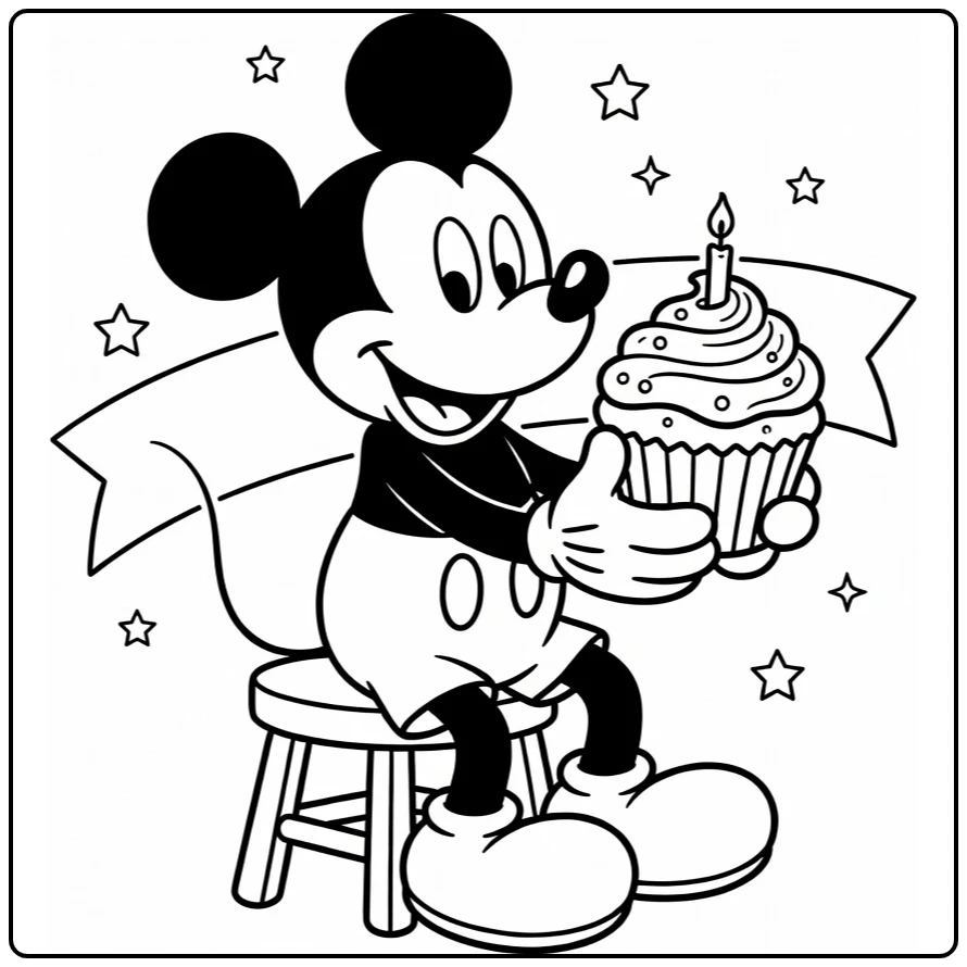 mickey mouse kleurplaat: lachend op krukje met cupcake
