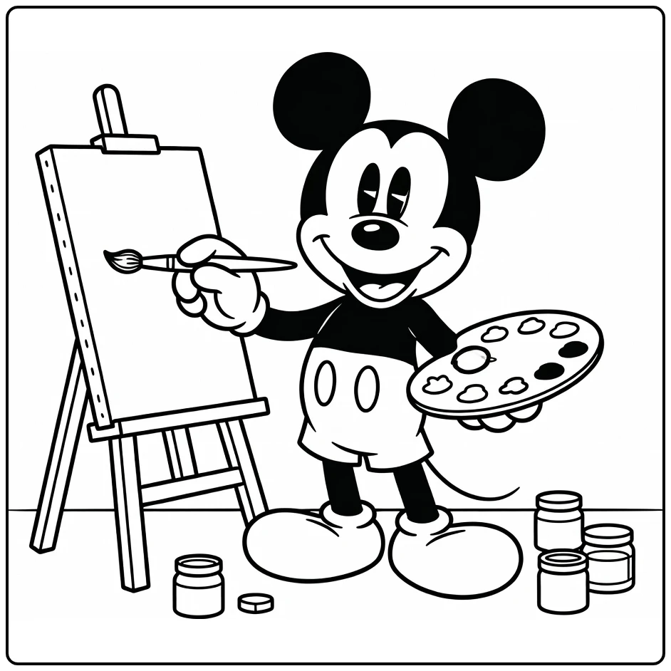 mickey mouse kleurplaat: lachende Mickey schildert aan ezel met penseel