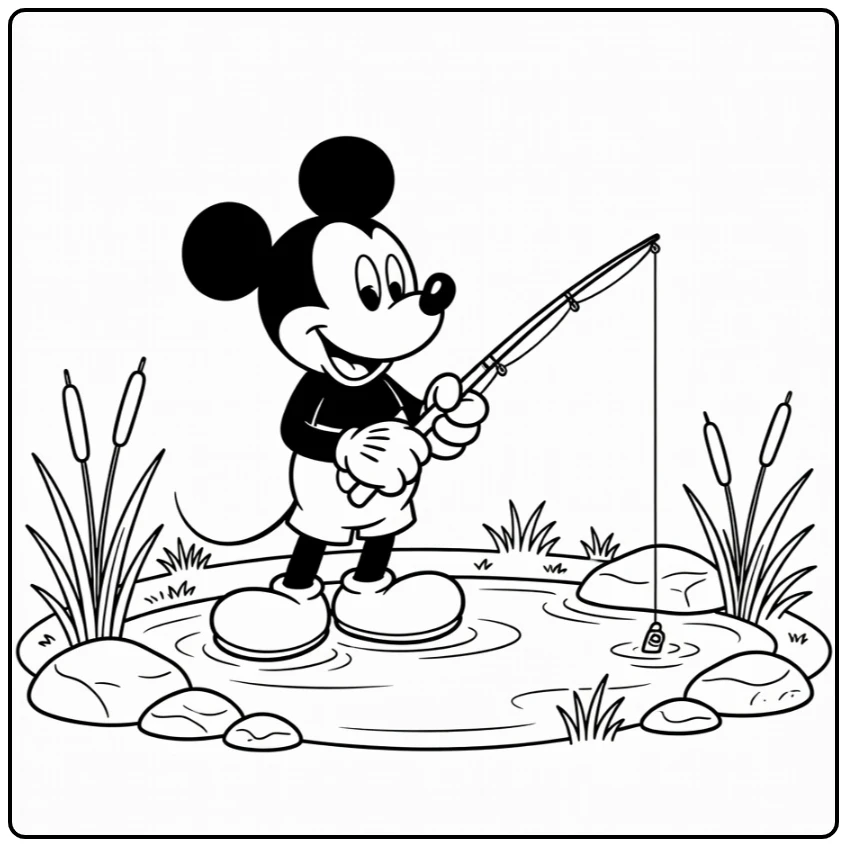 mickey mouse kleurplaat: Mickey vist blij bij vijver