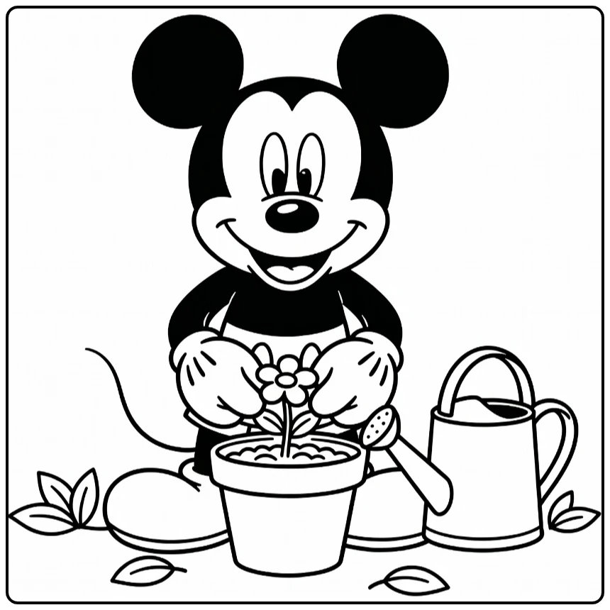 mickey mouse kleurplaat Mickey plant bloempje in pot