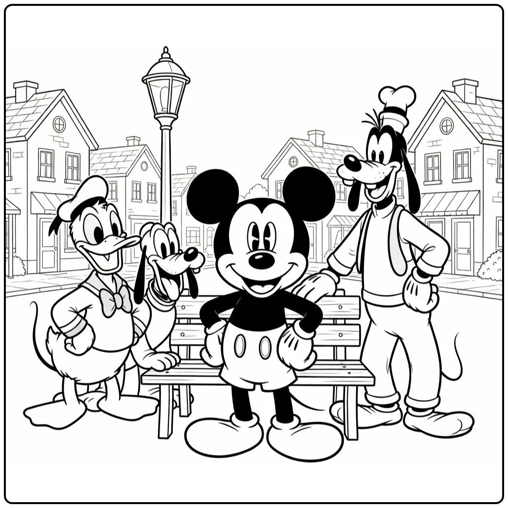 Mickey Mouse kleurplaat met Donald, Pluto en Goofy op plein