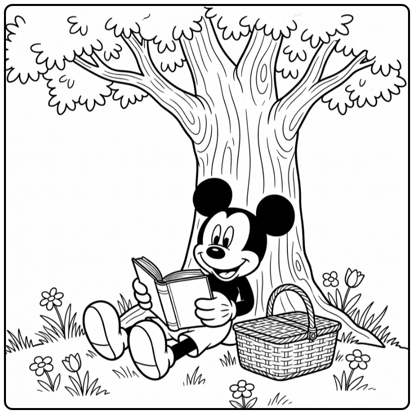 Mickey Mouse kleurplaat: leest boek onder boom met picknickmand