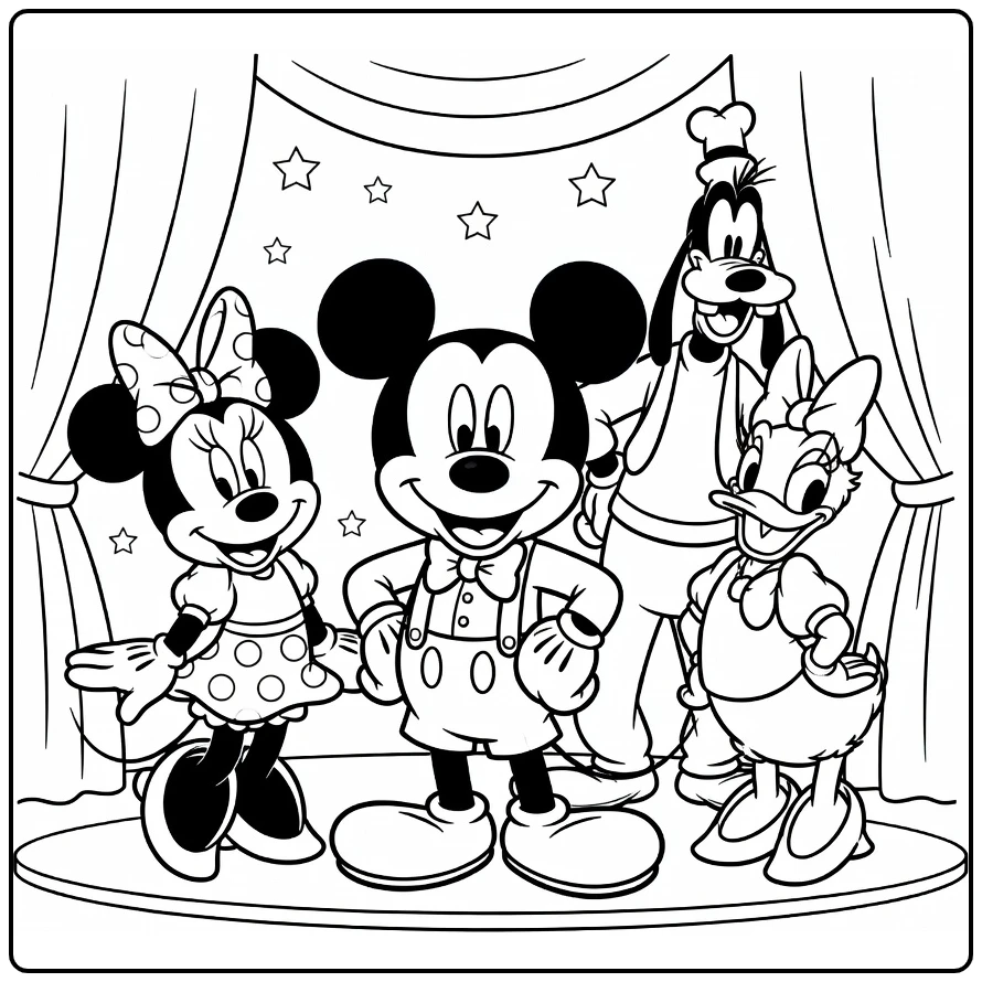 mickey mouse kleurplaat met Minnie, Daisy, Goofy op podium