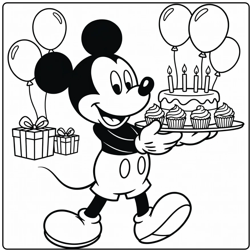 mickey mouse kleurplaat verjaardag met taart cupcakes ballonnen