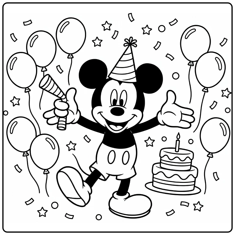 mickey mouse kleurplaat verjaardag: dansende Mickey met taart