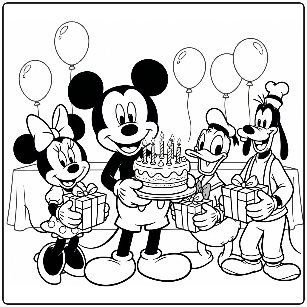 Mickey Mouse kleurplaat verjaardag met taart, Minnie, Donald