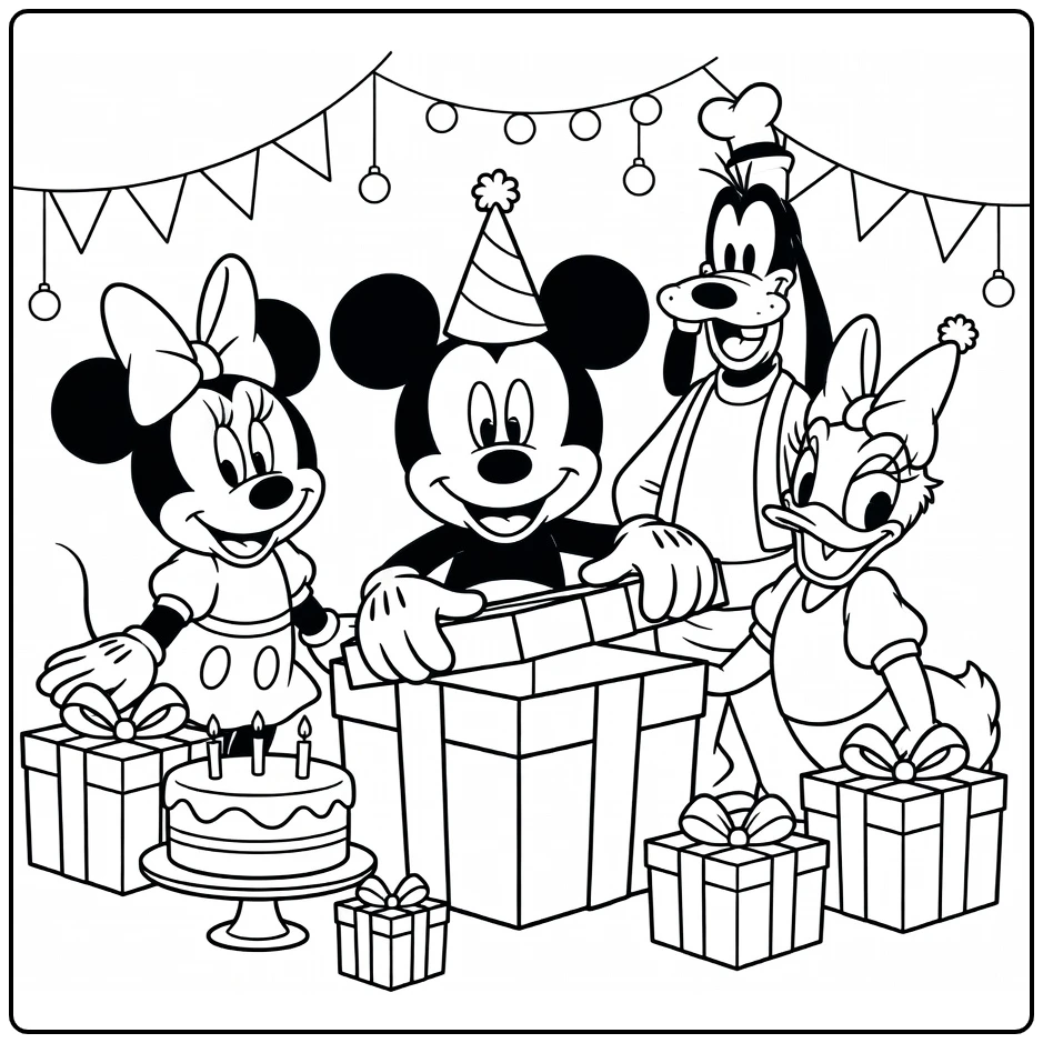 mickey mouse kleurplaat verjaardag: Mickey opent groot cadeau met vrienden