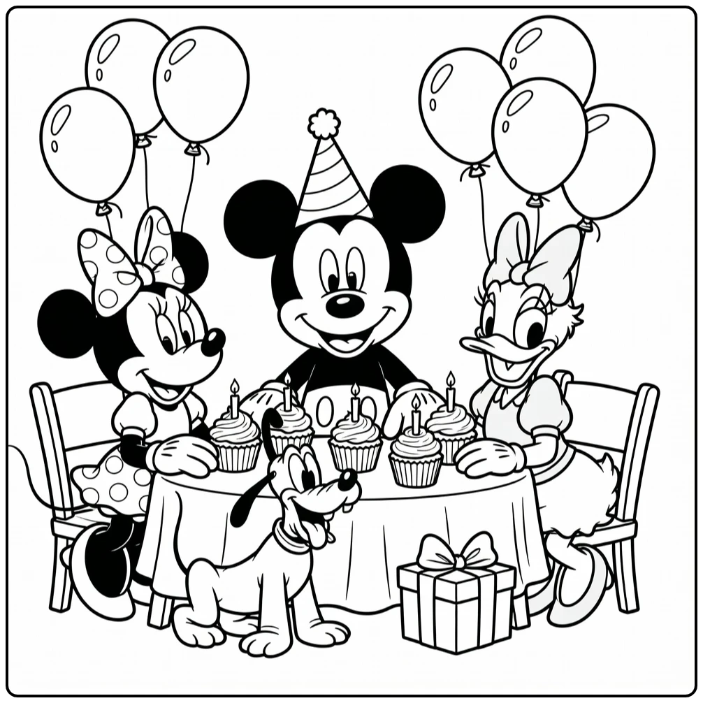 Mickey Mouse kleurplaat verjaardag met Minnie, Daisy en Pluto