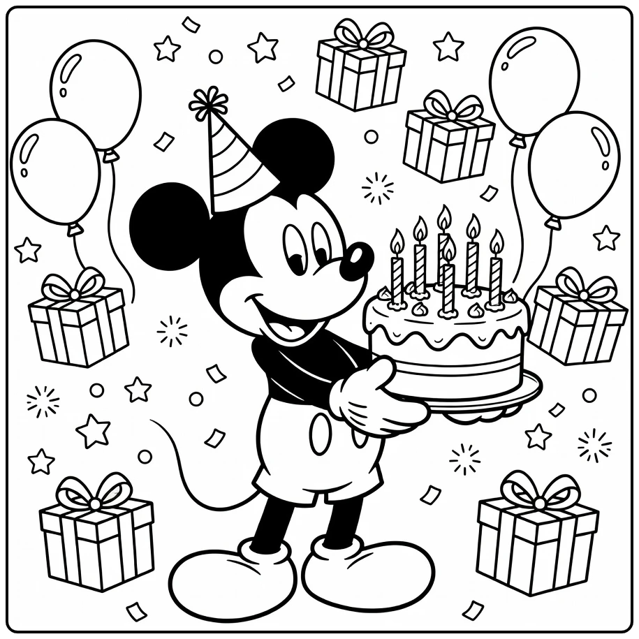 mickey mouse kleurplaat verjaardag met taart, kaarsen en ballonnen