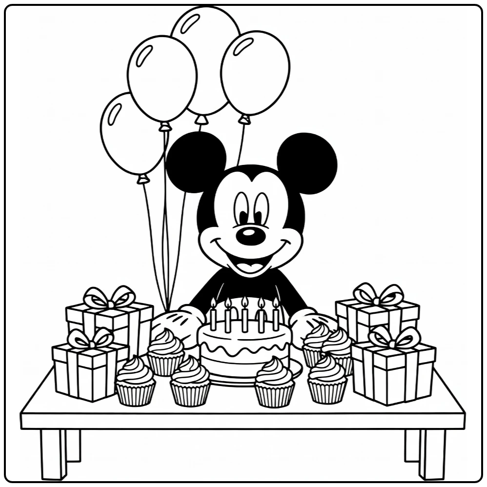 mickey mouse kleurplaat verjaardag taart cadeaus ballonnen