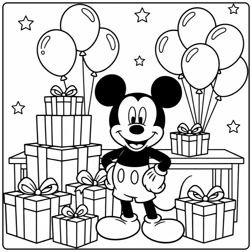 mickey mouse kleurplaat verjaardag met cadeaus en ballonnen