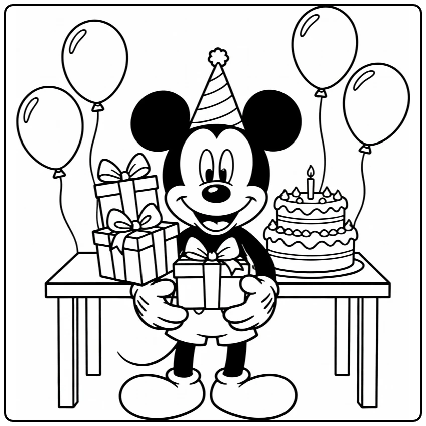 Mickey Mouse kleurplaat verjaardag met cadeaus en feestmuts