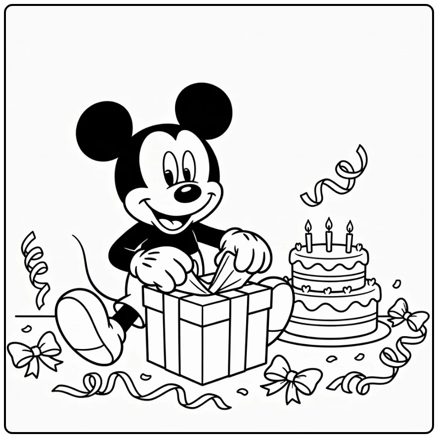 Mickey Mouse kleurplaat verjaardag: verrast cadeau openen bij taart