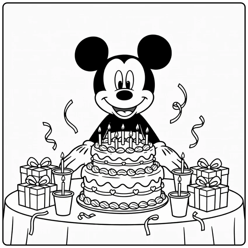 mickey mouse kleurplaat verjaardag met taart, bekers en cadeaus