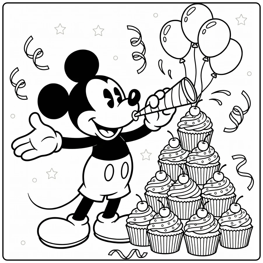 mickey mouse kleurplaat verjaardag met toeter en cupcakes