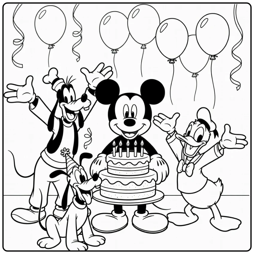 mickey mouse kleurplaat verjaardag met taart, Goofy, Donald, Pluto