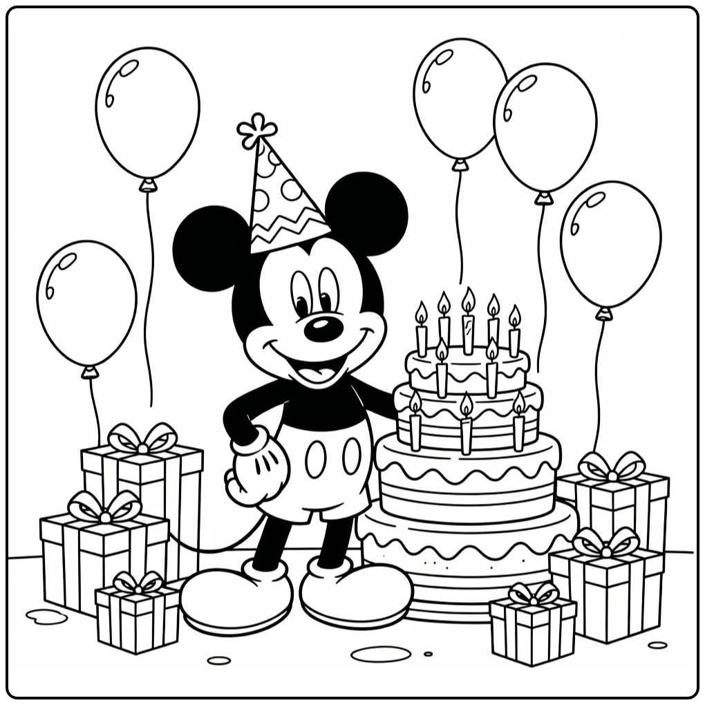 mickey mouse kleurplaat verjaardag met taart kaarsjes hoed