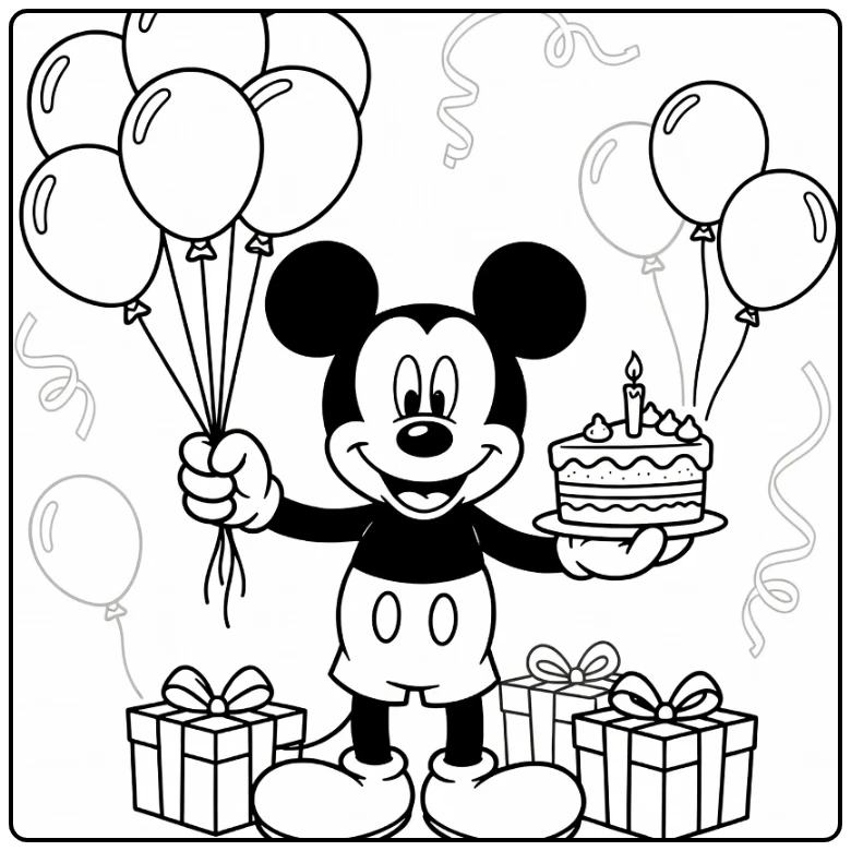 Mickey Mouse kleurplaat verjaardag met ballonnen en taart