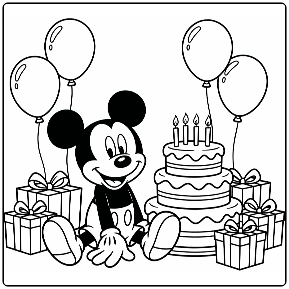 mickey mouse kleurplaat verjaardag met taart cadeaus