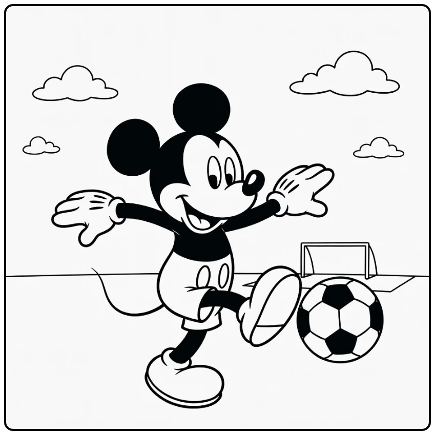 mickey mouse kleurplaat: Mickey trapt energiek voetbal, veld doel