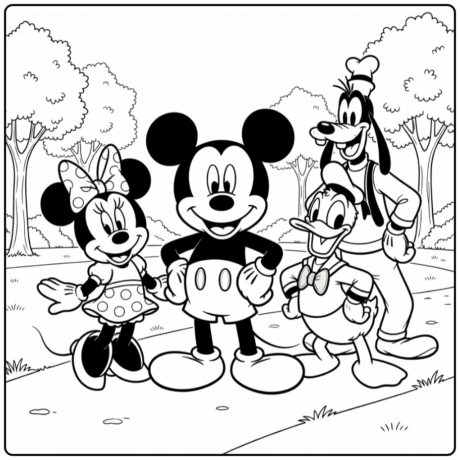 mickey mouse kleurplaat Mickey met Minnie Donald Goofy park