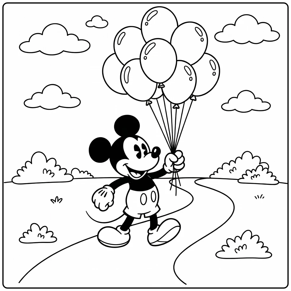 Mickey Mouse kleurplaat met ballonnen op pad met wolken