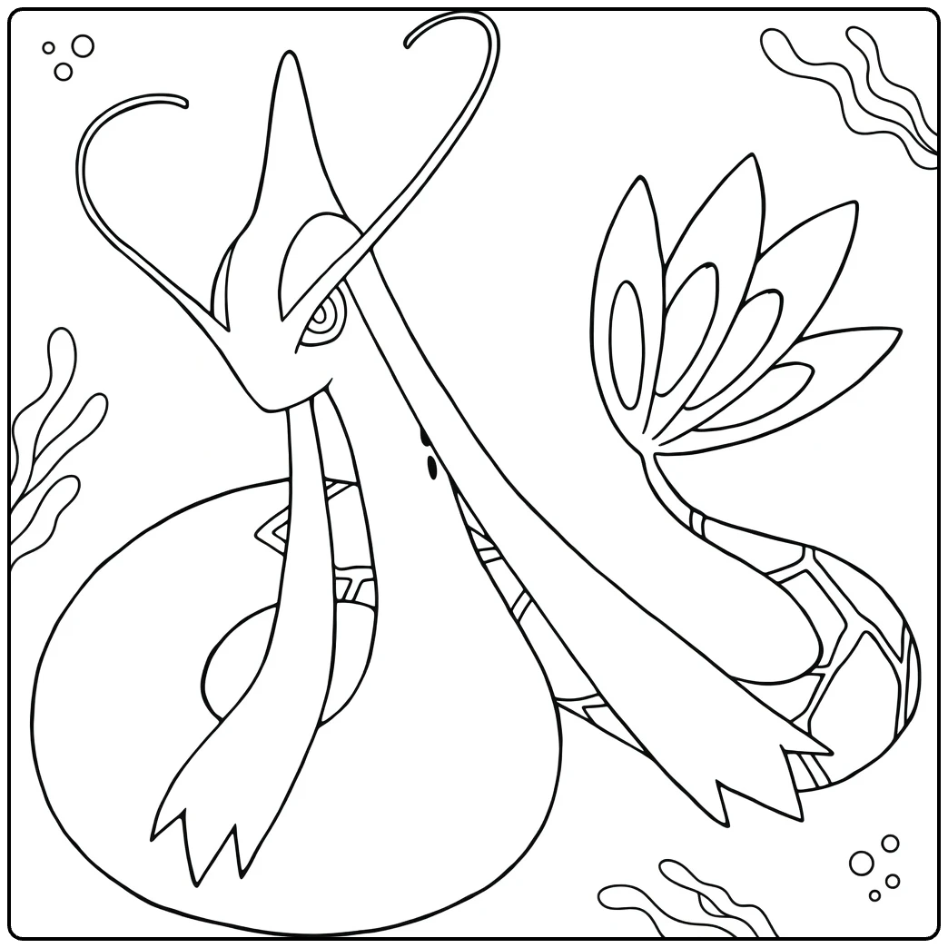 Milotic Water Pokemon Kleurplaat met bubbels en algen