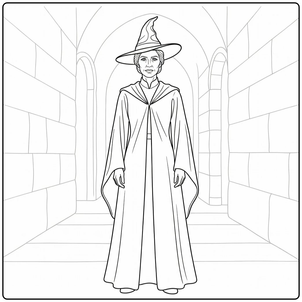Minerva McGonagall Kleurplaat: gezagvol in robe en puntmuts