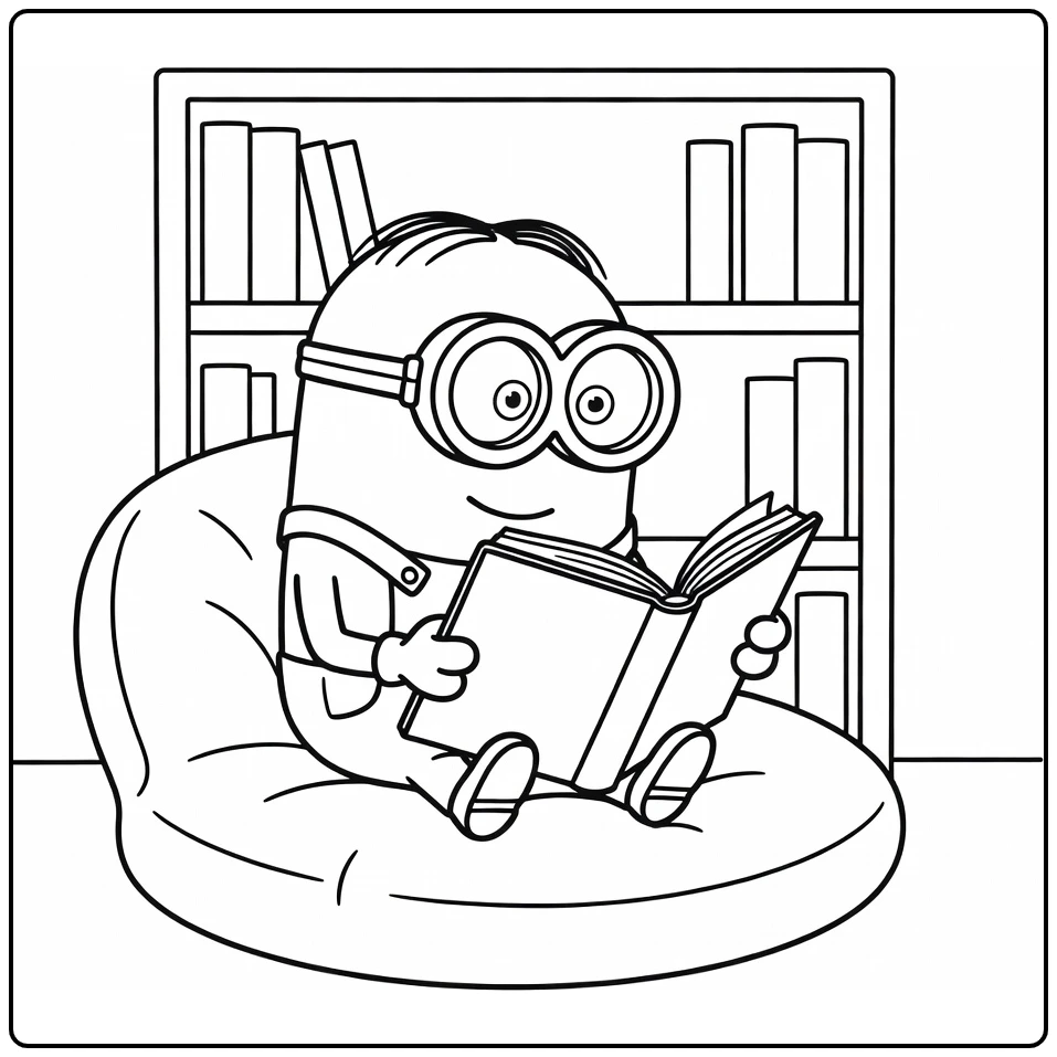 Minion makkelijk kleurplaat: Minion leest groot boek op kussen