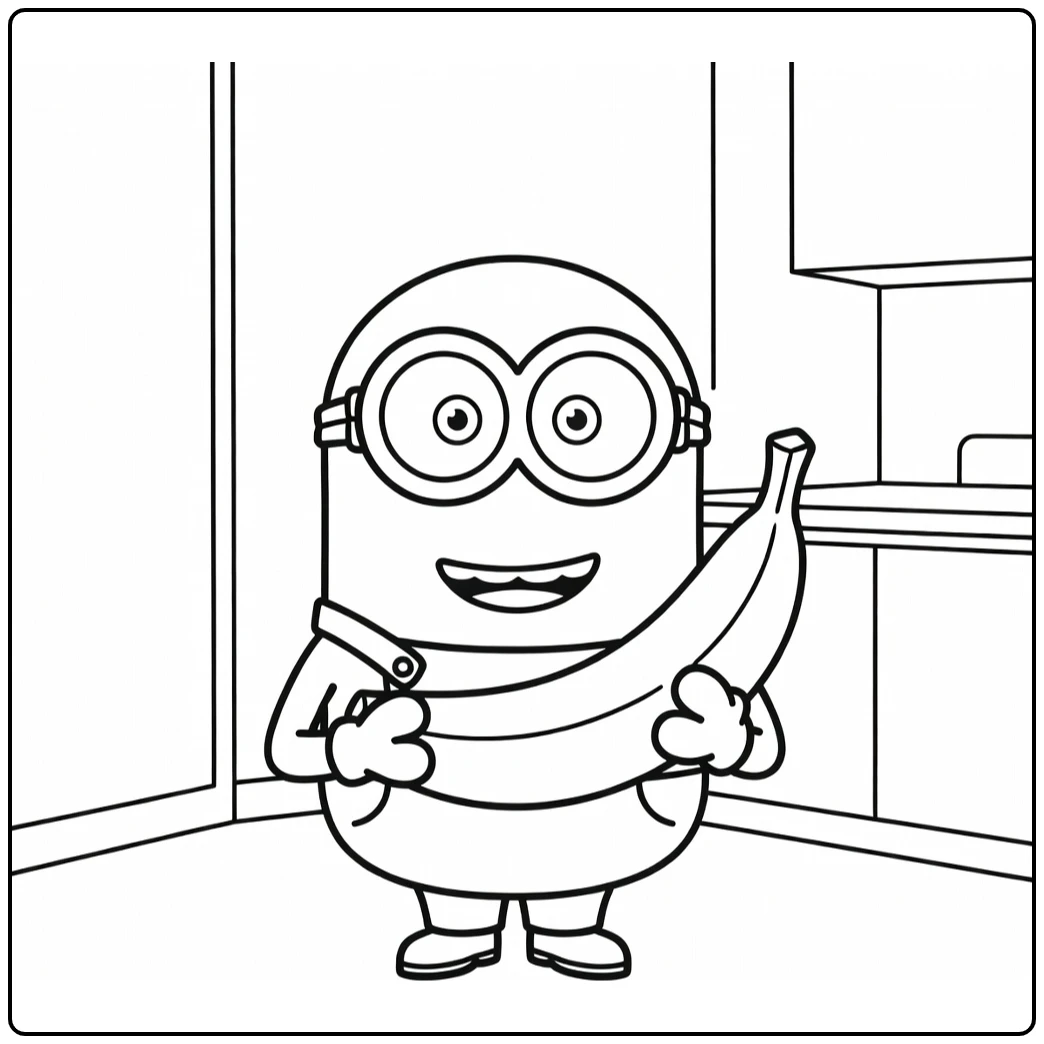 minion makkelijk kleurplaat: Minion met banaan en goggles