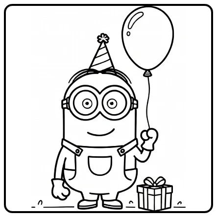 minion makkelijk kleurplaat met feestmuts, ballon en cadeau