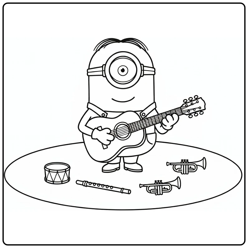 minion makkelijk kleurplaat: Minion met gitaar in spotlicht