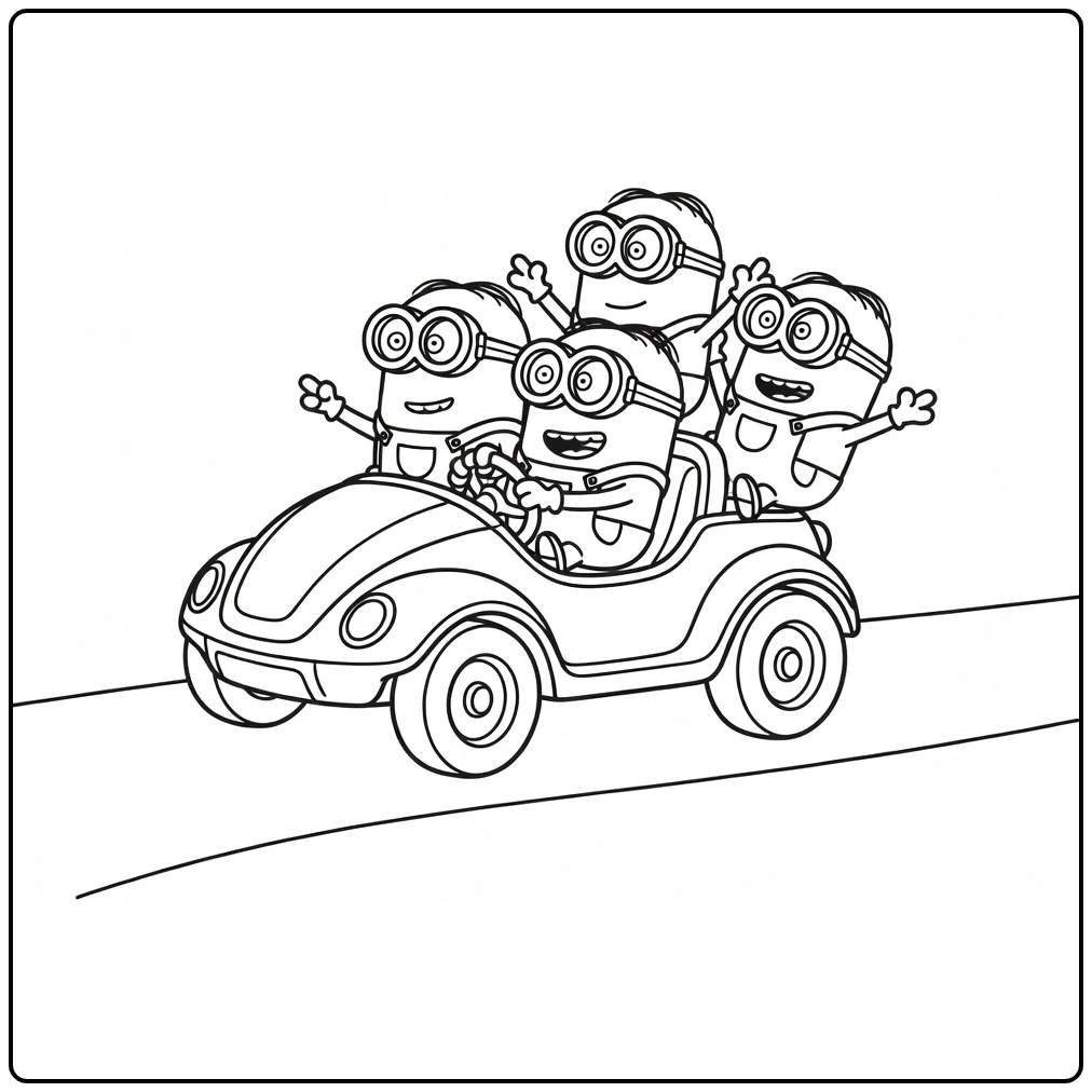 minions 4 kleurplaat: 4 Minions in cartoonvoertuig op weg