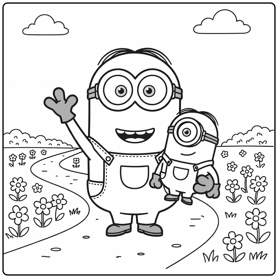 Minions Bob Kleurplaat: vrolijk zwaaiende Bob met Tim