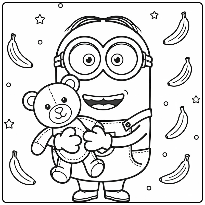 Minions Bob Kleurplaat: blij met teddybeer Tim