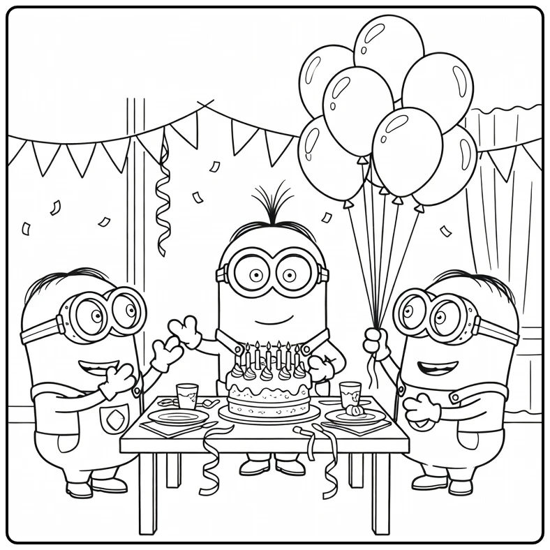 minions verjaardag kleurplaat drie minions rond taarttafel