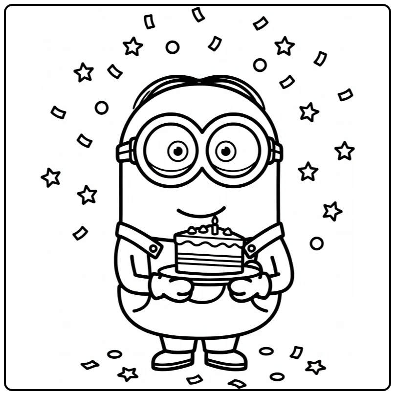 minions verjaardag kleurplaat Minion met bril taart confetti