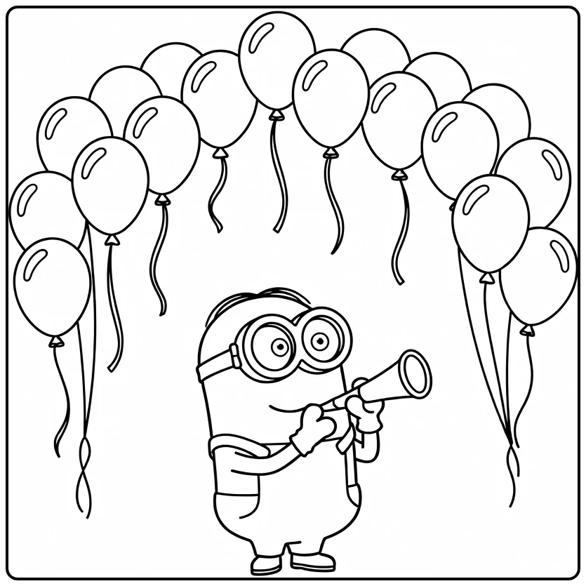 Minions verjaardag kleurplaat Minion met feesttoeter en ballonnenboog