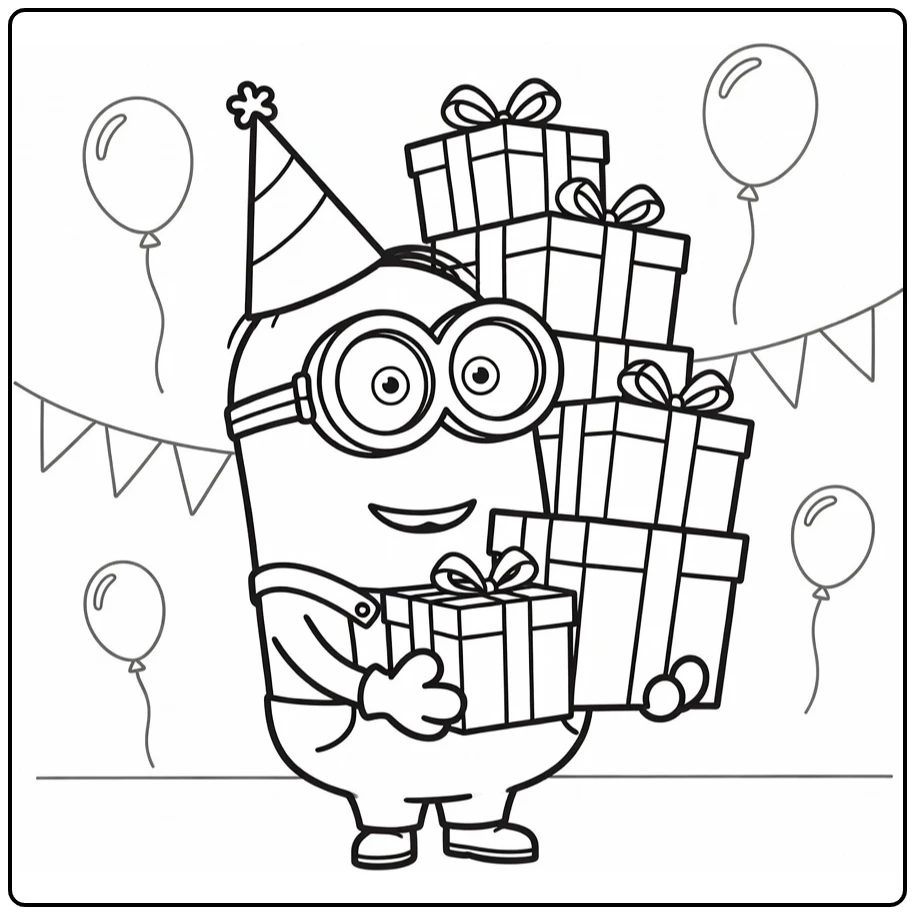 minions verjaardag kleurplaat: Minion met partyhoedje en stapel cadeaus