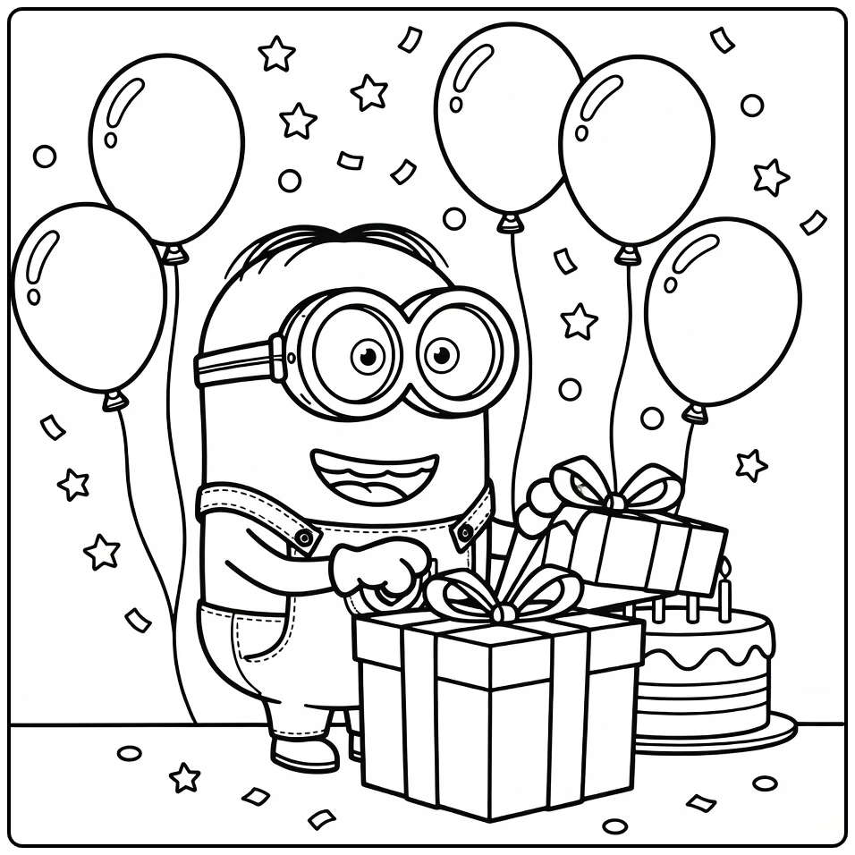 minions verjaardag kleurplaat: Minion opent cadeau verbaasd blij