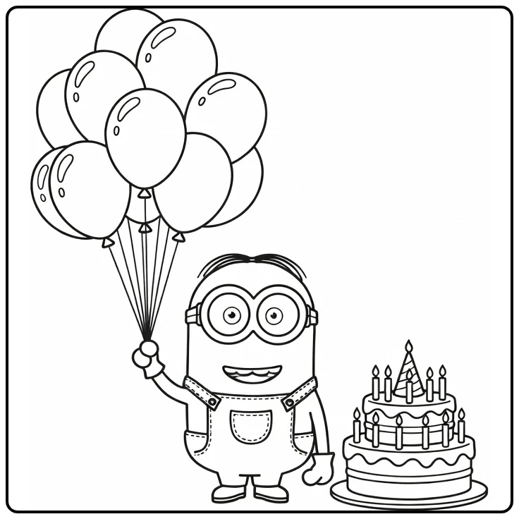 Minions verjaardag kleurplaat: Minion bij taart met ballonnen