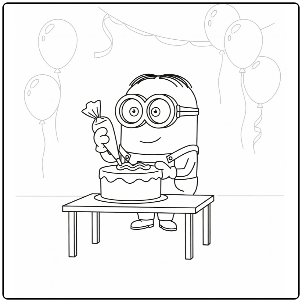 Minions verjaardag kleurplaat: Minion versiert taart met glazuur