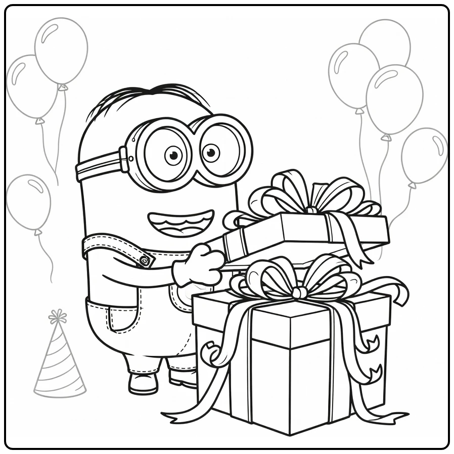 minions verjaardag kleurplaat minion opent cadeau met linten