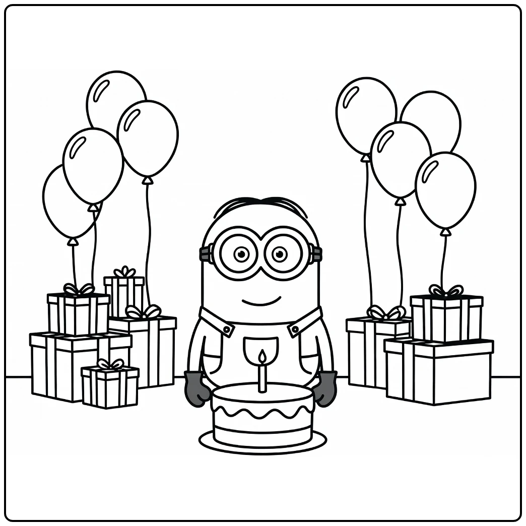 minions verjaardag kleurplaat met taart, ballonnen, cadeaus