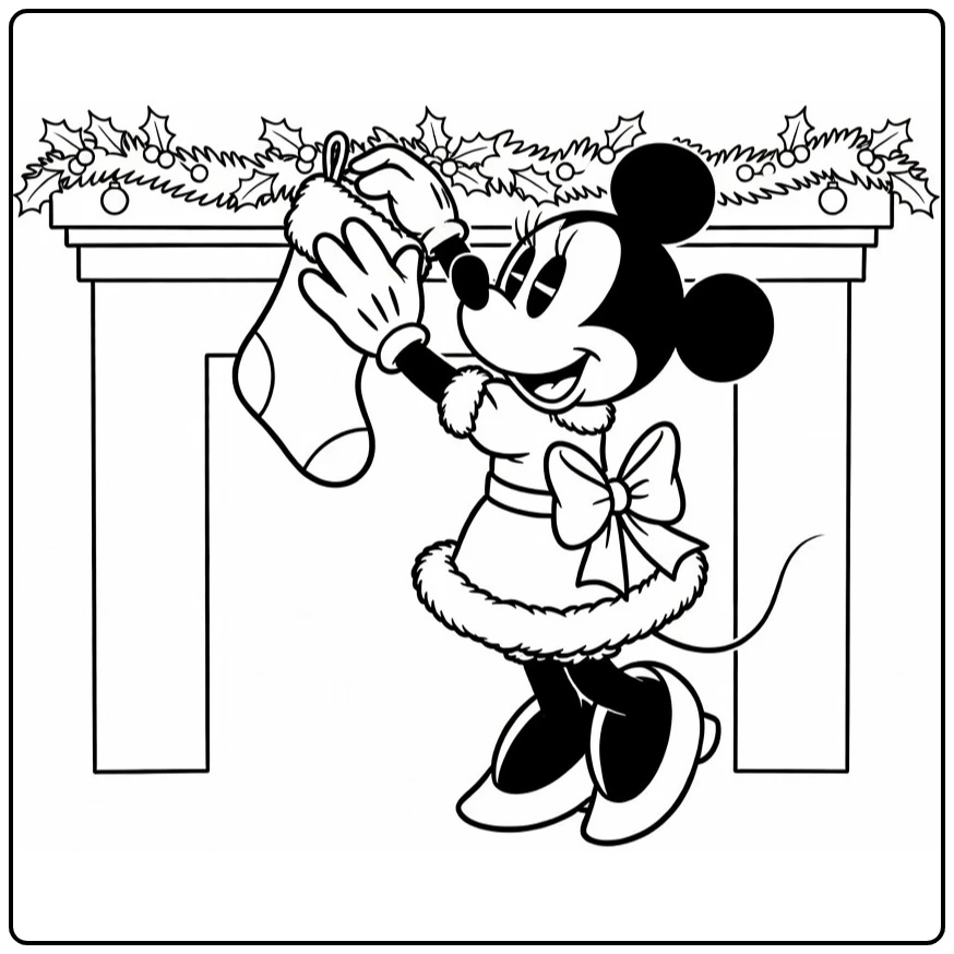 minnie mouse kerst kleurplaat: hangt kerstsok bij haard