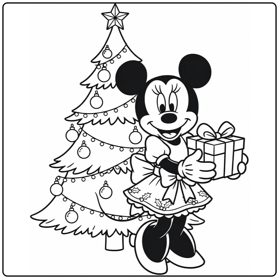 minnie mouse kerst kleurplaat met boom cadeau en strik