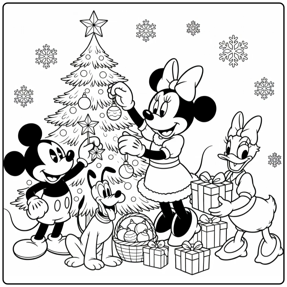 Minnie Mouse kerst kleurplaat met Mickey, Daisy en Pluto