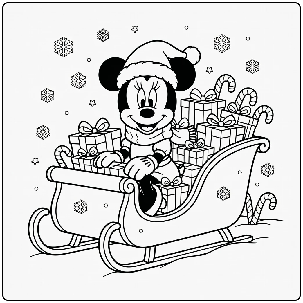 minnie mouse kerst kleurplaat Minnie in slee met cadeaus