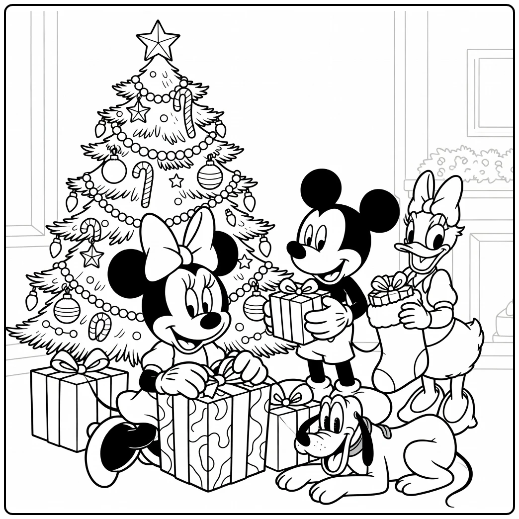 minnie mouse kerst kleurplaat: Minnie opent cadeau bij boom met Mickey